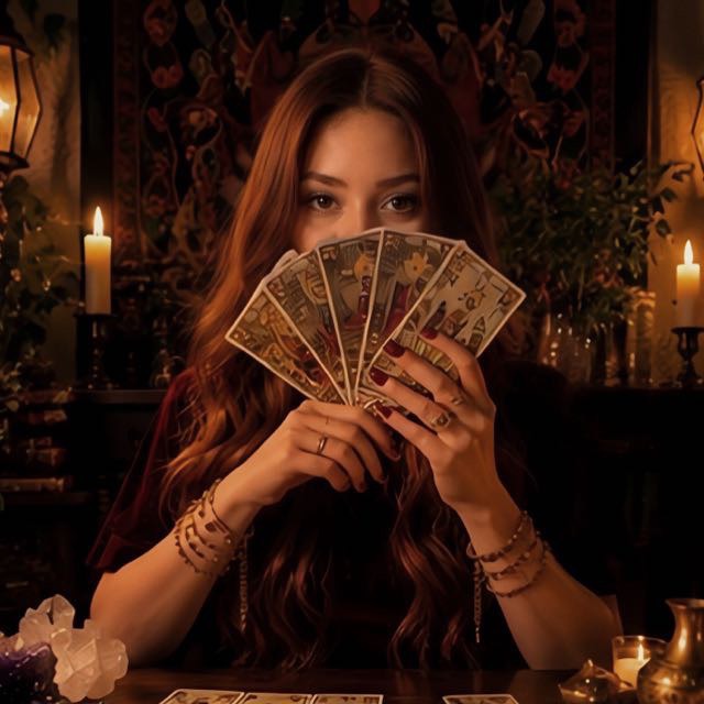 Mulher de cabelos longos e ruivos segurando um leque de cartas de tarot diante do rosto, entre velas acesas